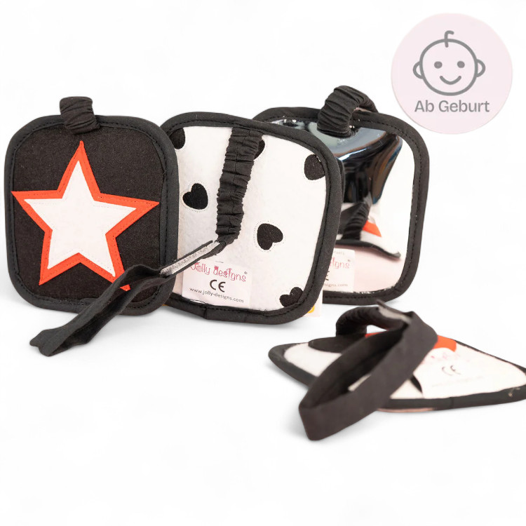 Kontrastwunder Karten 4er Set von Jolly Designs – schwarz-weiße Stoffkarten mit Spiegel und Befestigungsschlaufe zur visuellen Frühförderung bei DER Babyladen Erlangen